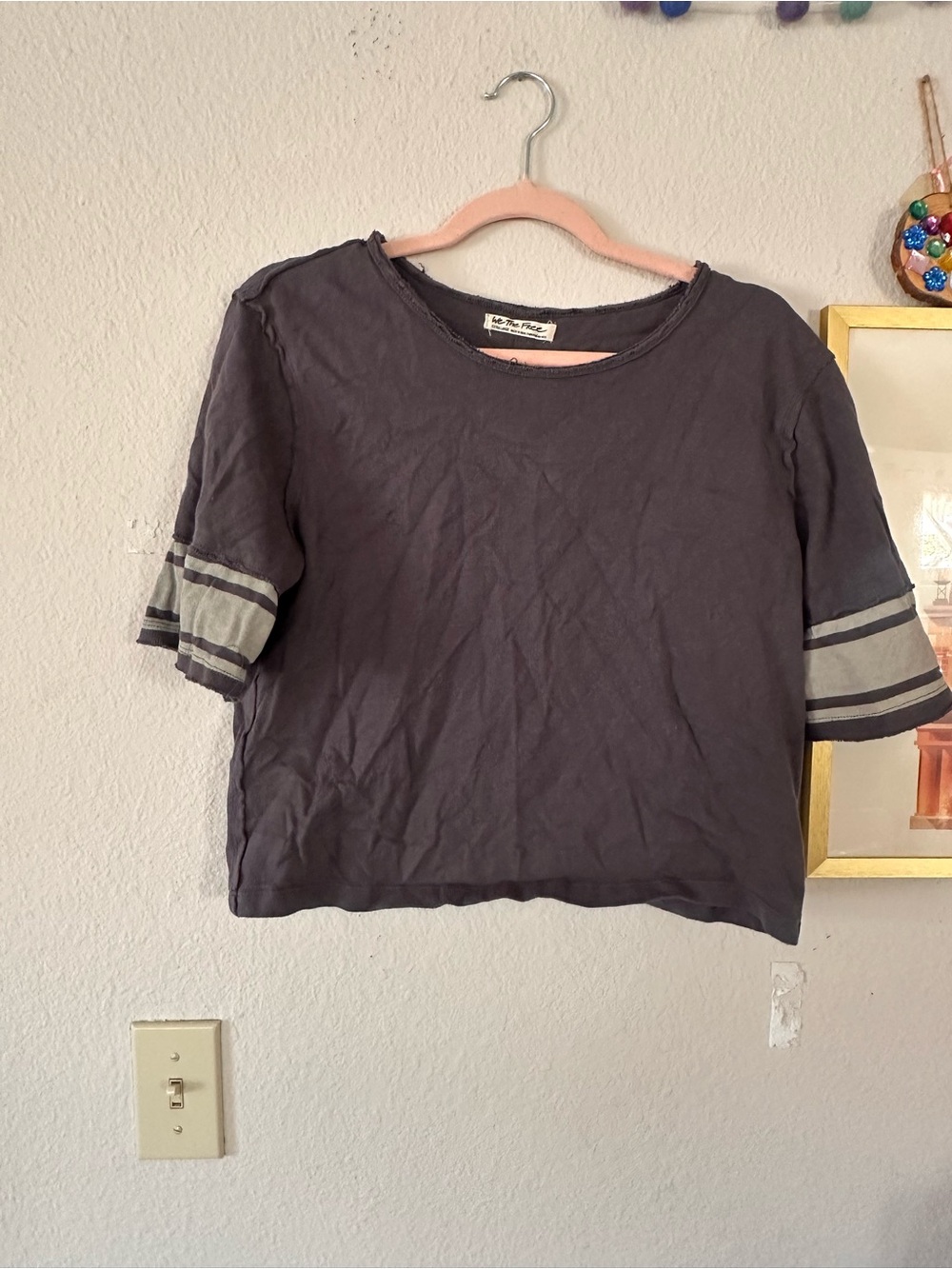 We The Free XL T-Shirt Stripe Sleeve Gray